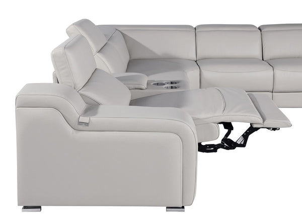 HomeRoots Light Gray Italian Leather Power Reclining Seven-Piece Curved Sectional Sofa with Console & Comfort 544990
