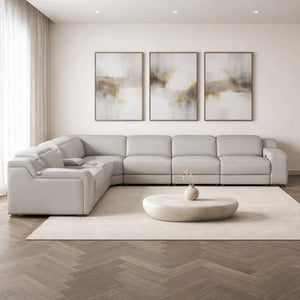 HomeRoots Light Gray Italian Leather Power Reclining Seven-Piece Curved Sectional Sofa with Console & Comfort 544990