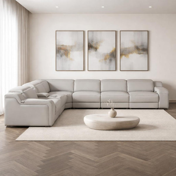 HomeRoots Light Gray Italian Leather Power Reclining Seven-Piece Curved Sectional Sofa with Console & Comfort 544990