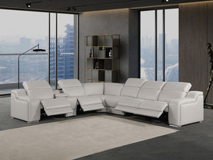 HomeRoots Light Gray Italian Leather Power Reclining Seven-Piece Curved Sectional Sofa with Console & Comfort 544990