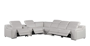 HomeRoots Light Gray Italian Leather Power Reclining Seven-Piece Curved Sectional Sofa with Console & Comfort 544990