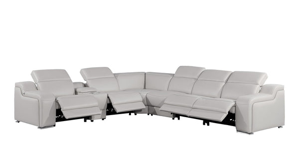 HomeRoots Light Gray Italian Leather Power Reclining Seven-Piece Curved Sectional Sofa with Console & Comfort 544990