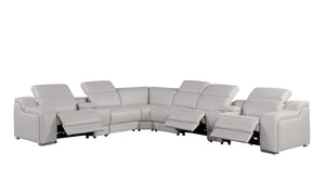 HomeRoots Light Gray Italian Leather Power Reclining Curved Eight-Piece Sectional with Console for Ultimate Comfort 544991