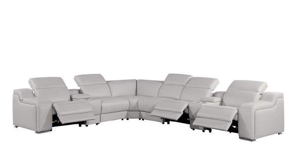 HomeRoots Light Gray Italian Leather Power Reclining Curved Eight-Piece Sectional with Console for Ultimate Comfort 544991