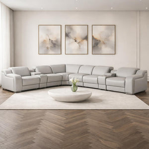 HomeRoots Light Gray Italian Leather Power Reclining Curved Eight-Piece Sectional with Console for Ultimate Comfort 544991