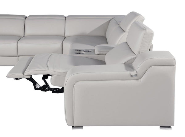 HomeRoots Light Gray Italian Leather Power Reclining Curved Eight-Piece Sectional with Console for Ultimate Comfort 544991