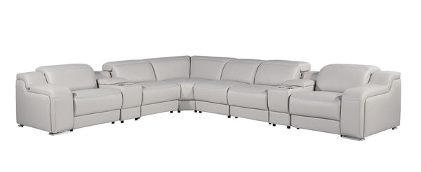 HomeRoots Light Gray Italian Leather Curved Power Reclining Sectional Sofa with Console for Ultimate Comfort 544992