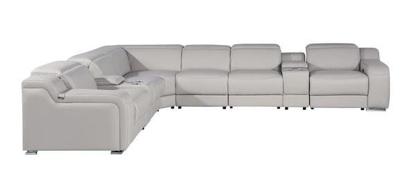 HomeRoots Light Gray Italian Leather Curved Power Reclining Sectional Sofa with Console for Ultimate Comfort 544992