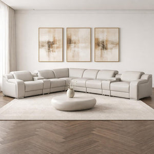 HomeRoots Light Gray Italian Leather Curved Power Reclining Sectional Sofa with Console for Ultimate Comfort 544992