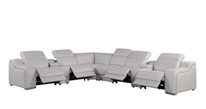 HomeRoots Light Gray Italian Leather Curved Power Reclining Sectional Sofa with Console for Ultimate Comfort 544992
