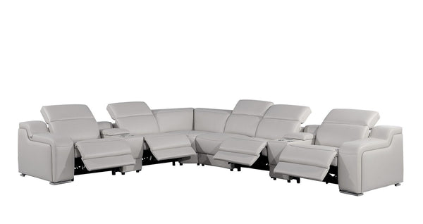 HomeRoots Light Gray Italian Leather Curved Power Reclining Sectional Sofa with Console for Ultimate Comfort 544992