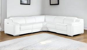 Homeroots White Italian Leather Power Reclining L Shaped Five Piece Corner Sectional White  544993