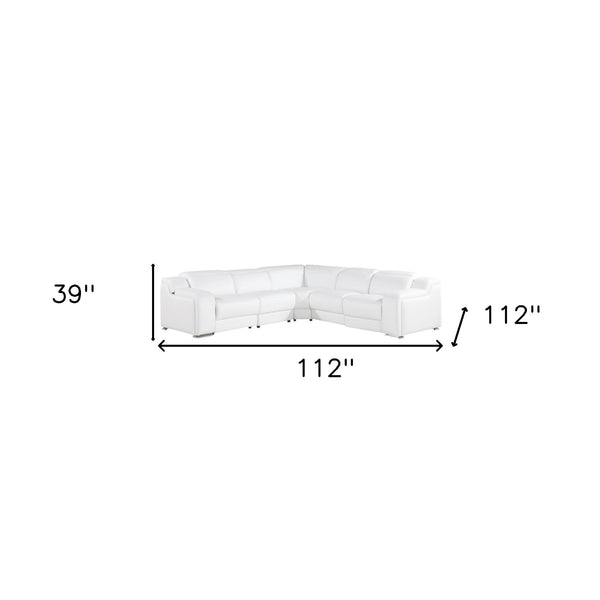 Homeroots White Italian Leather Power Reclining L Shaped Five Piece Corner Sectional White  544993