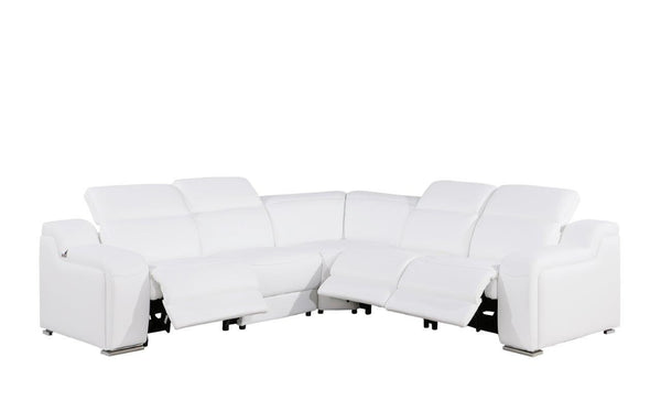 Homeroots White Italian Leather Power Reclining L Shaped Five Piece Corner Sectional White  544993