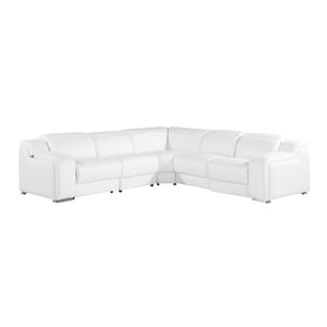 Homeroots White Italian Leather Power Reclining L Shaped Five Piece Corner Sectional White  544993