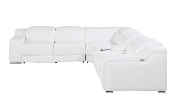 Homeroots White Italian Leather Power Reclining L Shaped Six Piece Corner Sectional With Console White  544994