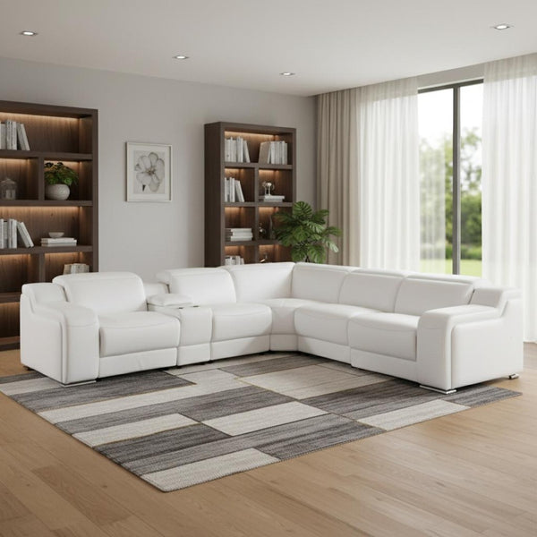 HomeRoots White Italian Leather Power Reclining L-Shaped Sectional Sofa with Console and USB Charging Port White 544994