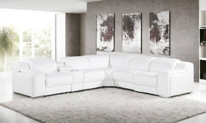 Homeroots White Italian Leather Power Reclining L Shaped Six Piece Corner Sectional With Console White  544994