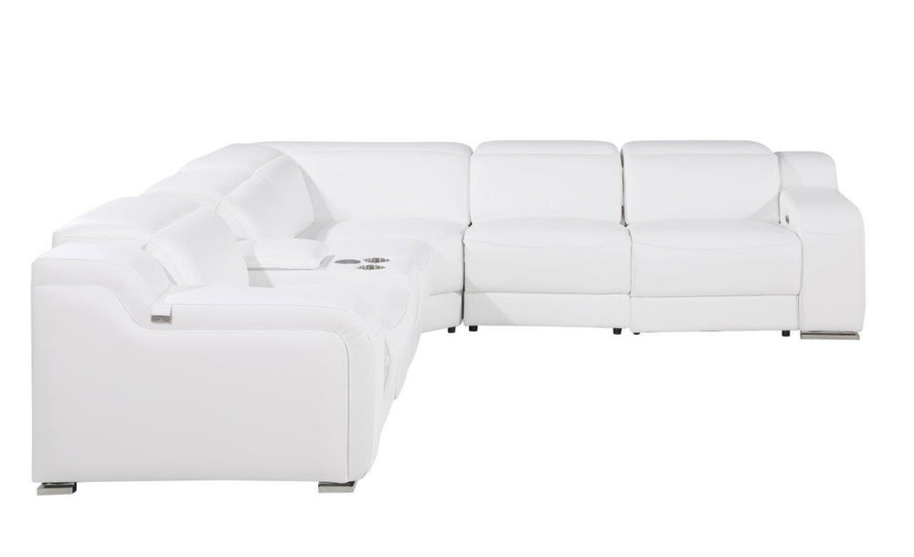 HomeRoots White Italian Leather Power Reclining L-Shaped Sectional Sofa with Console and USB Charging Port White 544994