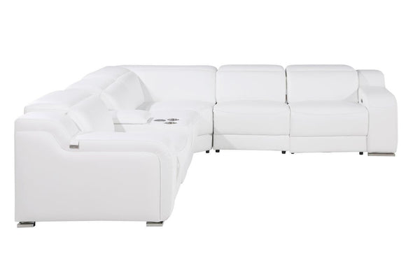Homeroots White Italian Leather Power Reclining L Shaped Six Piece Corner Sectional With Console White  544994