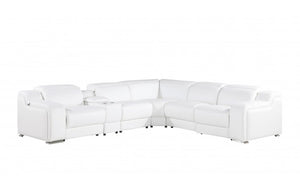 Homeroots White Italian Leather Power Reclining L Shaped Six Piece Corner Sectional With Console White  544994