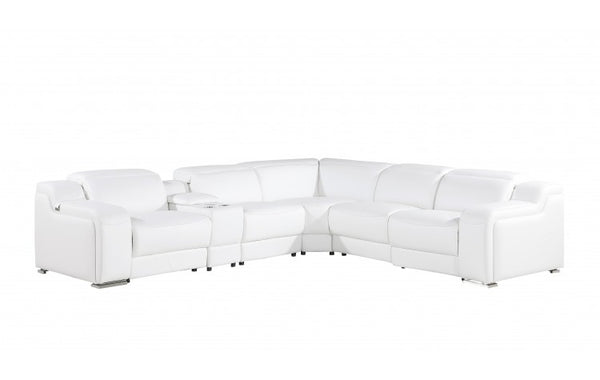 Homeroots White Italian Leather Power Reclining L Shaped Six Piece Corner Sectional With Console White  544994