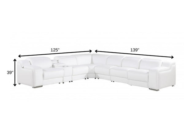 HomeRoots White Italian Leather L-Shaped Sectional with Console: 3 Power Reclining Seats for Ultimate Comfort White 544995