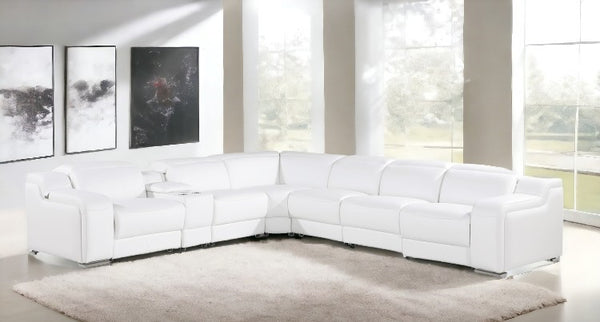 Homeroots White Italian Leather 3 Power Reclining Seats L Shaped Seven Piece Corner Sectional With Console White  544995