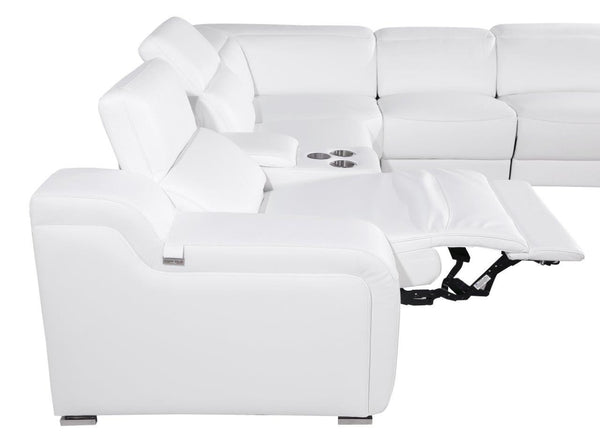 Homeroots White Italian Leather 3 Power Reclining Seats L Shaped Seven Piece Corner Sectional With Console White  544995