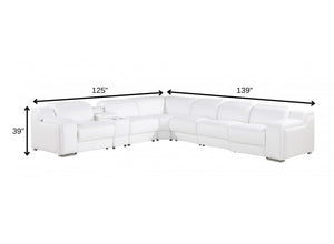 HomeRoots White Italian Leather L-Shaped Sectional with 4 Power Recliners, Console Storage & USB Charging White 544996