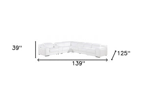 Homeroots White Italian Leather 4 Power Reclining Seats L Shaped Seven Piece Corner Sectional With Console White  544996