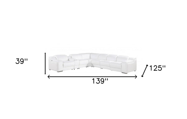 Homeroots White Italian Leather 4 Power Reclining Seats L Shaped Seven Piece Corner Sectional With Console White  544996