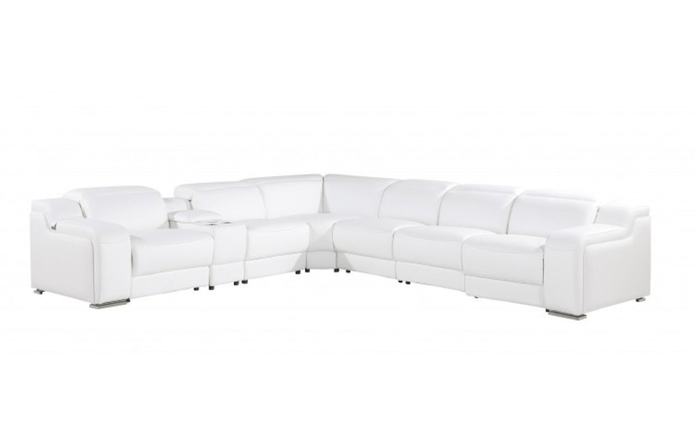 HomeRoots White Italian Leather L-Shaped Sectional with 4 Power Recliners, Console Storage & USB Charging White 544996