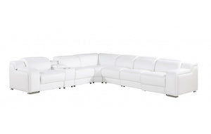 Homeroots White Italian Leather 4 Power Reclining Seats L Shaped Seven Piece Corner Sectional With Console White  544996