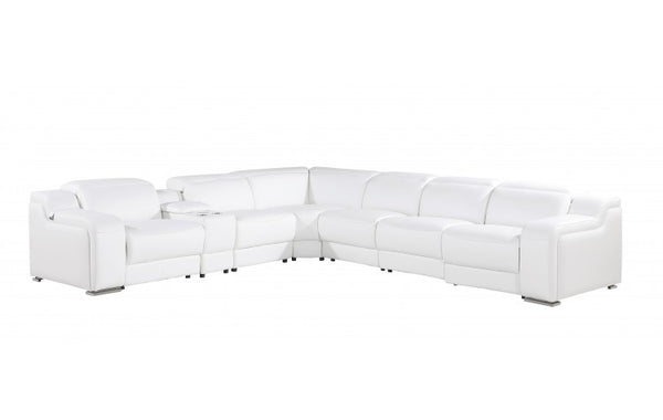 Homeroots White Italian Leather 4 Power Reclining Seats L Shaped Seven Piece Corner Sectional With Console White  544996