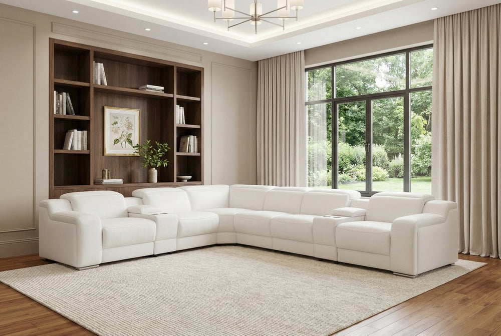 HomeRoots White Italian Leather L-Shaped Sectional Sofa with Power Recline, Console Storage & USB Port White 544997