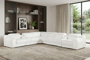 HomeRoots White Italian Leather L-Shaped Sectional Sofa with Power Recline, Console Storage & Modern Style White 544998