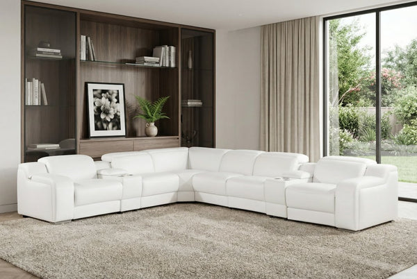 HomeRoots White Italian Leather L-Shaped Sectional Sofa with Power Recline, Console Storage & Modern Style White 544998
