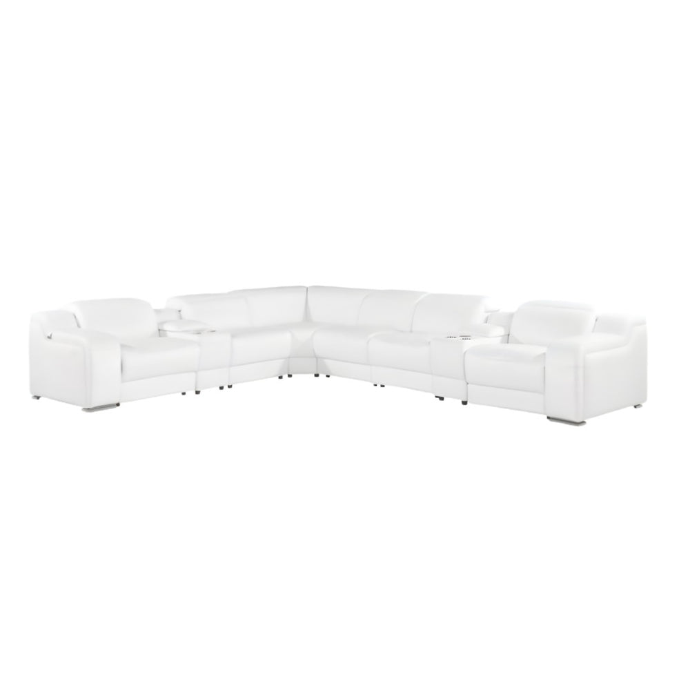 HomeRoots White Italian Leather L-Shaped Sectional Sofa with Power Recline, Console Storage & Modern Style White 544998