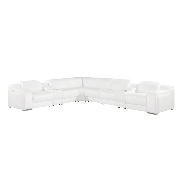 Homeroots White Italian Leather 4 Power Reclining L Shaped Eight Piece Corner Sectional With Console White  544998