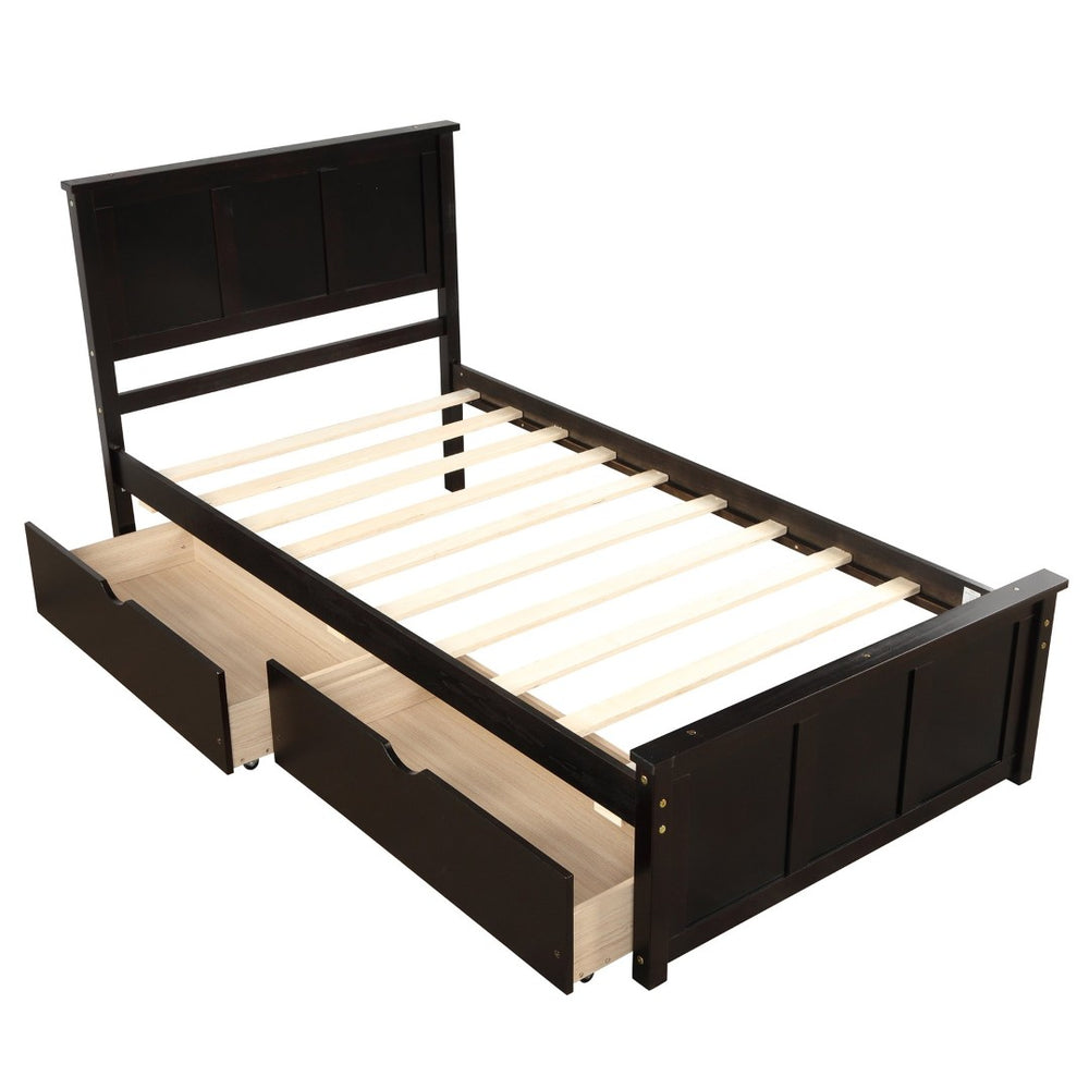 HomeRoots Espresso Inlaid Panel Twin Bed Frame with 2 Storage Drawers - Stylish & Space-Saving Design! 544999