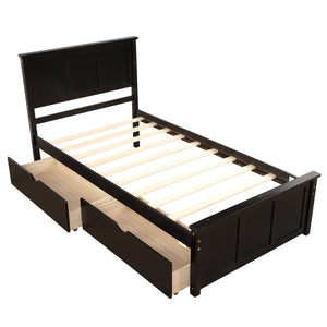HomeRoots Espresso Inlaid Panel Twin Bed Frame with 2 Storage Drawers - Stylish & Space-Saving Design! 544999