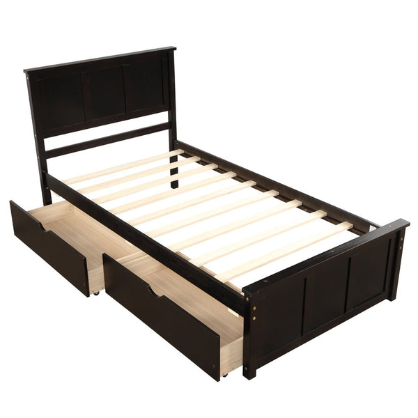 HomeRoots Espresso Inlaid Panel Twin Bed Frame with 2 Storage Drawers - Stylish & Space-Saving Design! 544999