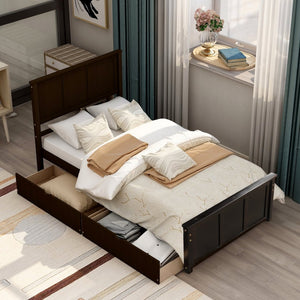 HomeRoots Espresso Inlaid Panel Twin Bed Frame with 2 Storage Drawers - Stylish & Space-Saving Design! 544999