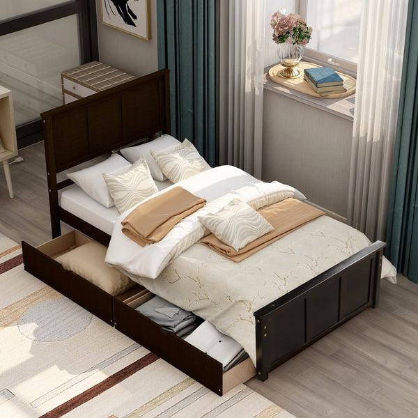 HomeRoots Espresso Inlaid Panel Twin Bed Frame with 2 Storage Drawers - Stylish & Space-Saving Design! 544999
