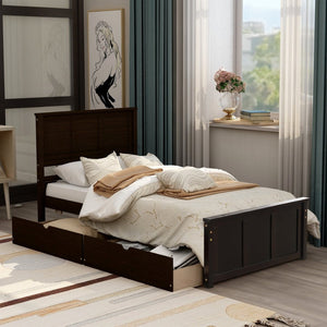 HomeRoots Espresso Inlaid Panel Twin Bed Frame with 2 Storage Drawers - Stylish & Space-Saving Design! 544999