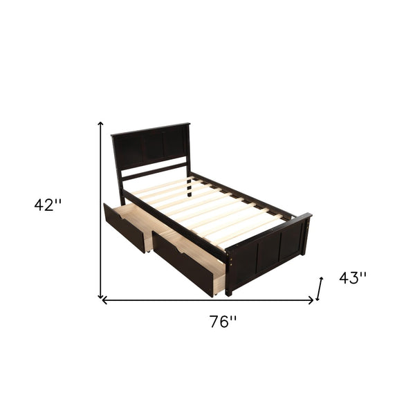 HomeRoots Espresso Inlaid Panel Twin Bed Frame with 2 Storage Drawers - Stylish & Space-Saving Design! 544999