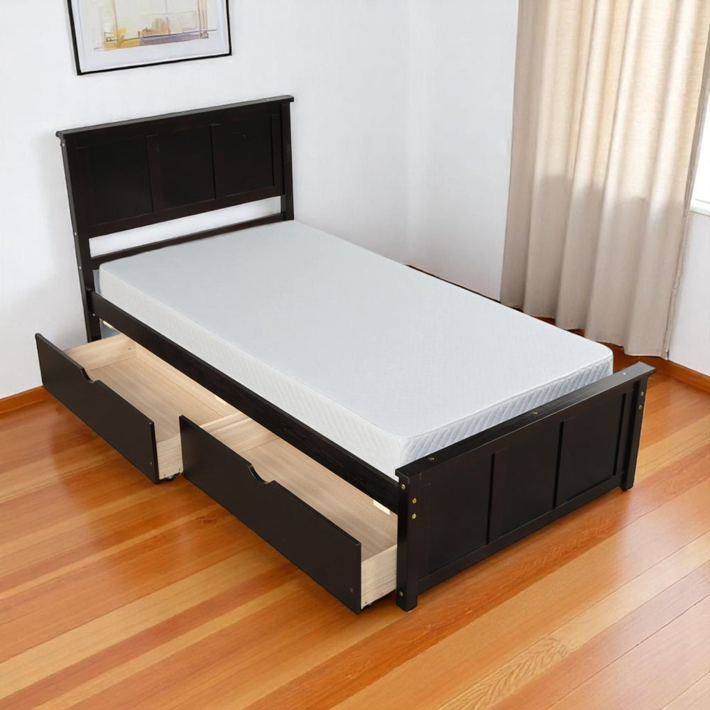 HomeRoots Espresso Inlaid Panel Twin Bed Frame with 2 Storage Drawers - Stylish & Space-Saving Design! 544999