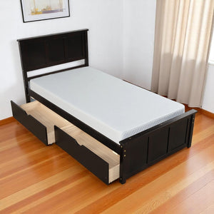 HomeRoots Espresso Inlaid Panel Twin Bed Frame with 2 Storage Drawers - Stylish & Space-Saving Design! 544999