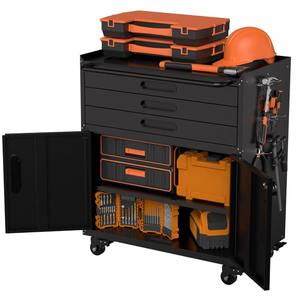 English Elm 34.3" Rolling Steel Workshop Cabinet with 3 Drawers Lockable Doors and Pegboard Sides W2735P428815